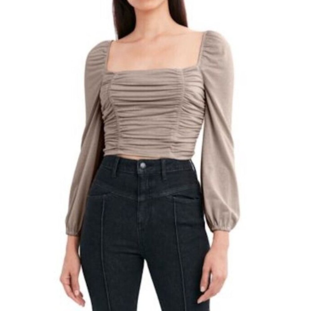 BCBGeneration Ruched Blouson Top Blouse Long Sleeve Shimmer Champagne NEW Small